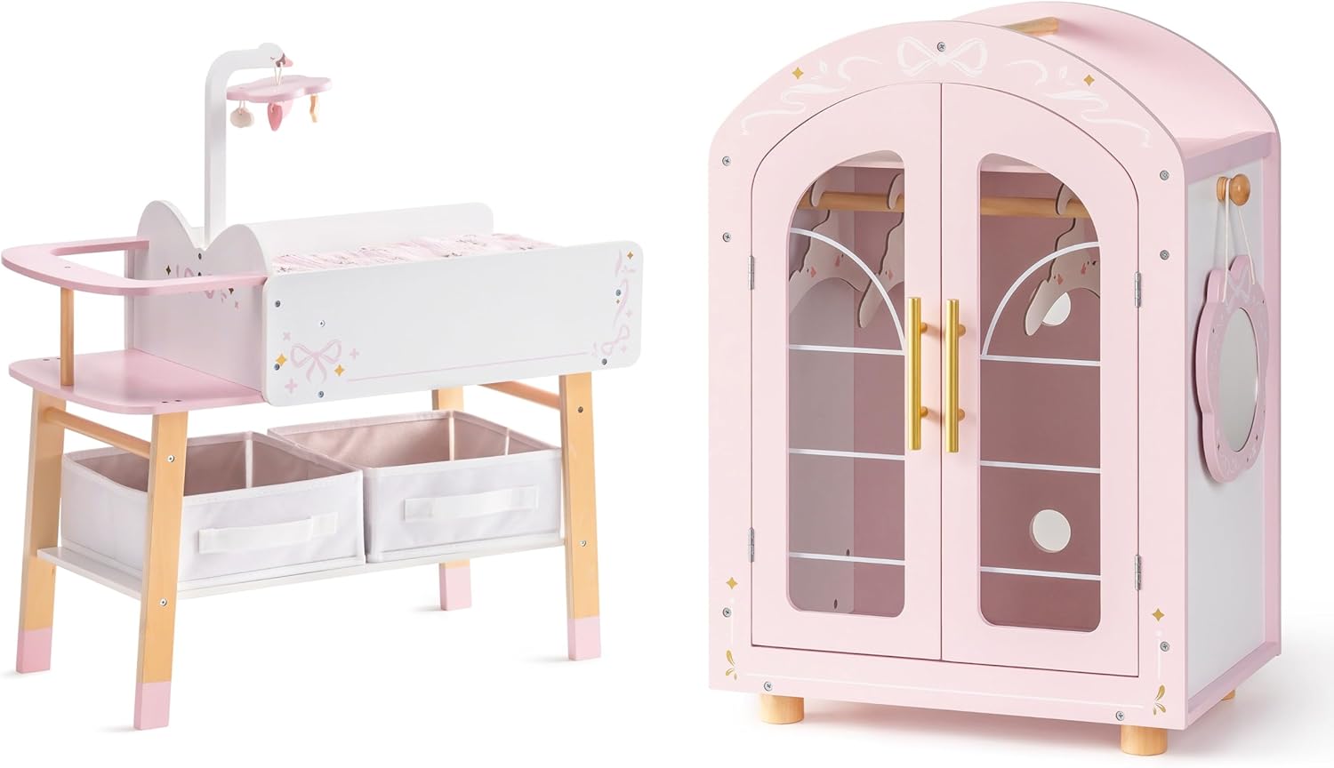 ROBOTIME 18 Inch Doll Closet, Doll Changing Table, Wooden Doll Furniture Wardrobe with Mirror & Hangers, Pink Doll Clothes Storage Armoire, Doll Furniture for 18 Inch Dolls