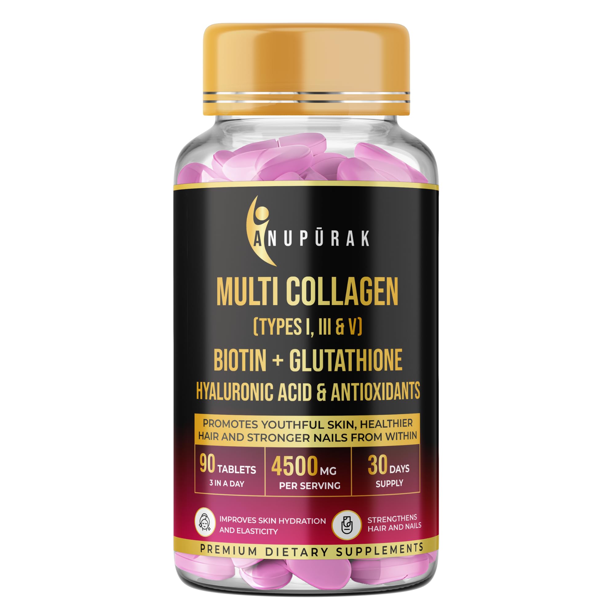 Multi Collagen Complex Tablets — 3000mg · Types I, III & V | 18 Actives: Reduced Glutathione, Hyaluronic Acid, Astaxanthin & Biotin | Skin, Hair & Nail Daily Beauty Nutrition | 90 Tablets (30 Days)