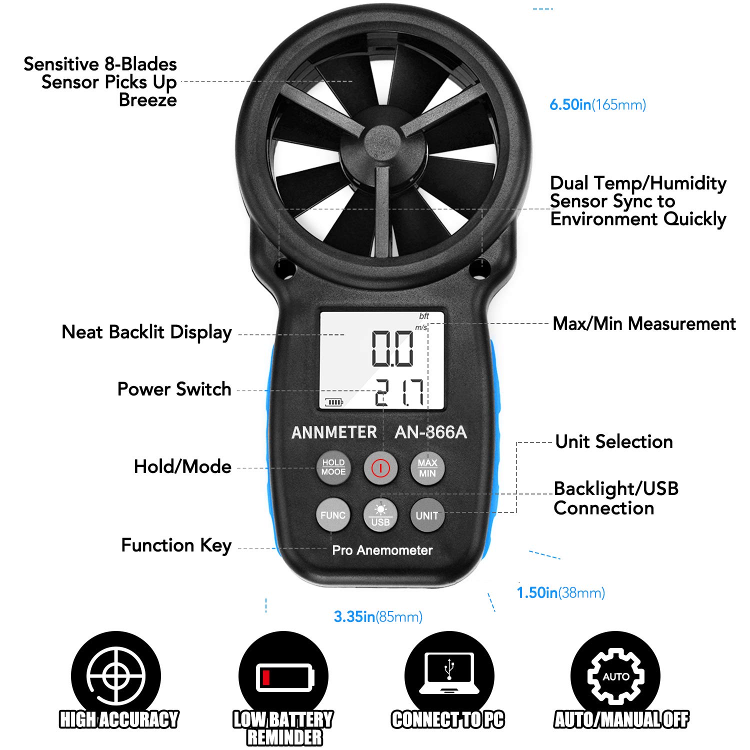 ANNMETER AN866A Digital Anemometer, CFM Wind Speed Gauge, Air Flow