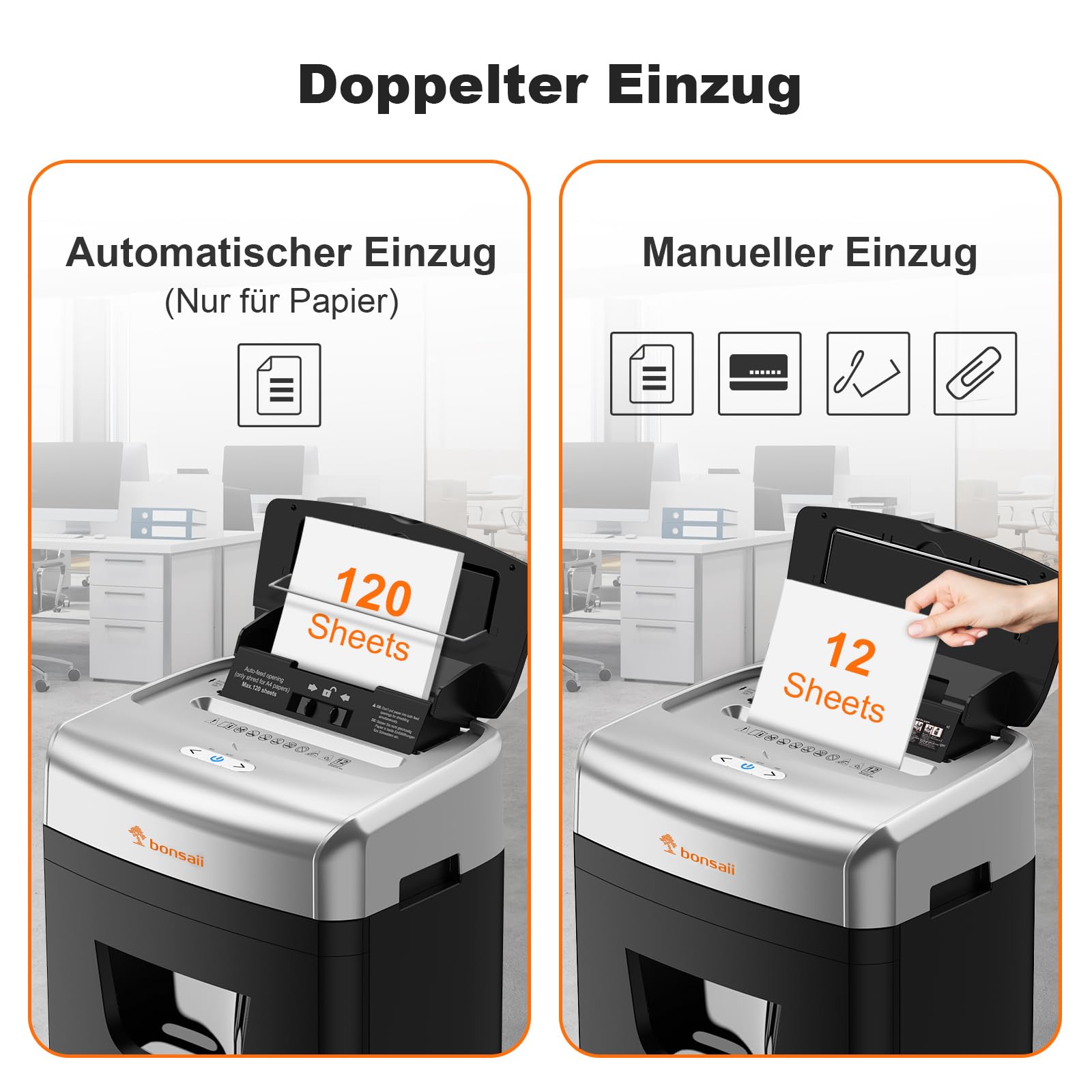 Bonsaii 120 Blatt Aktenvernichter mit Automatischem Einzug, P-4 Partikelschnitt, Extrem Leise mit 62dB, 23-Liter-Behälter und 4 Rädern, Autofeed-Mikroschnitt-Schredder für das Büro(C233-B)