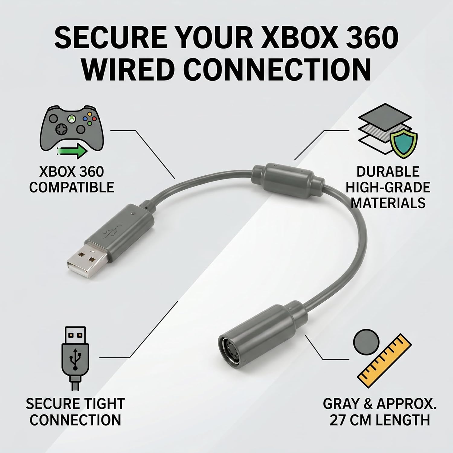 Zerone Replacement Wired Controller USB Breakaway Adapter Connection Cable Cord (Gray)