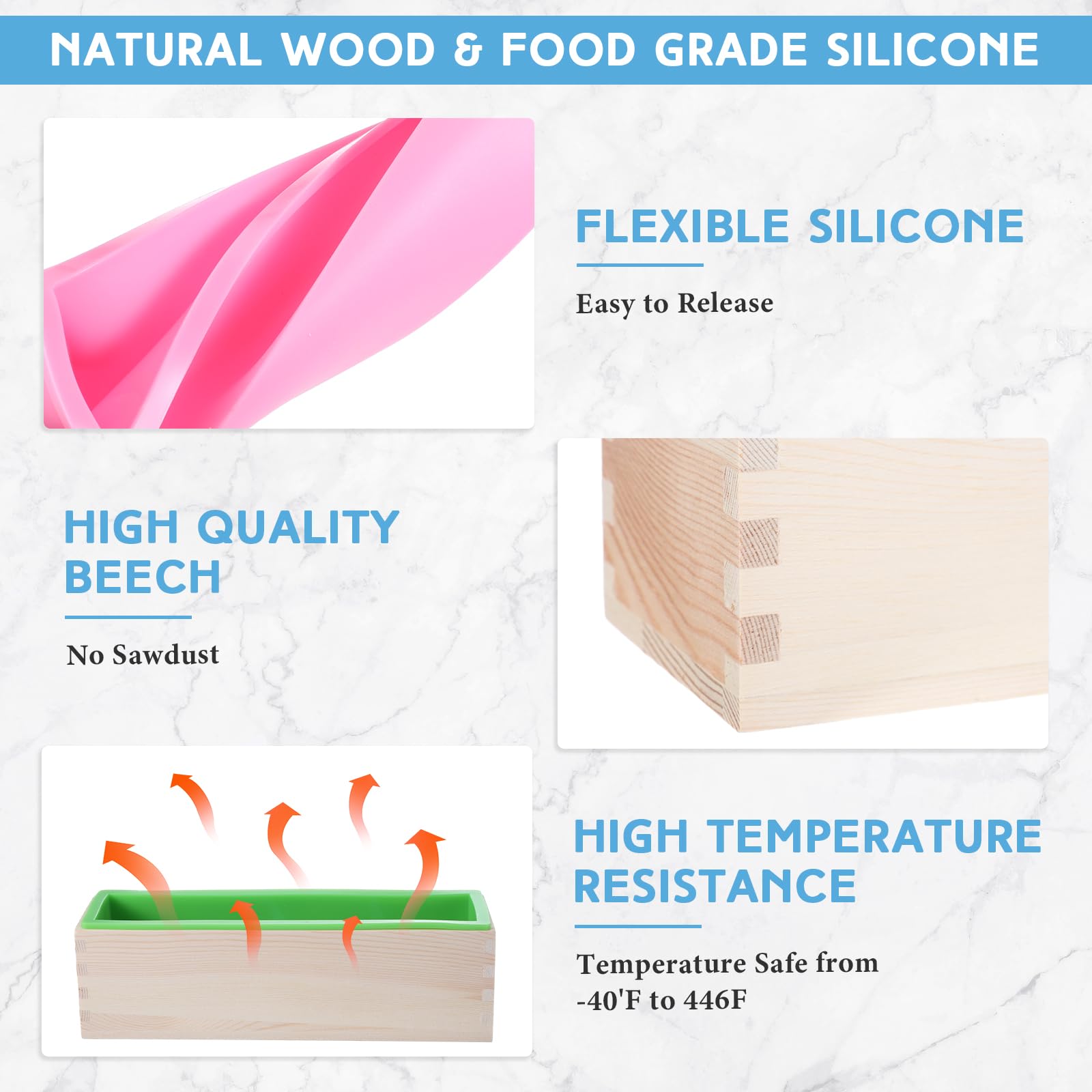 Ziliny Kit de 3 moldes de silicona para jabón con caja de madera, molde rectangular de silicona, moldes flexibles para hacer jabón artesanal, herramienta de bricolaje casera (verde, rosa, azul)