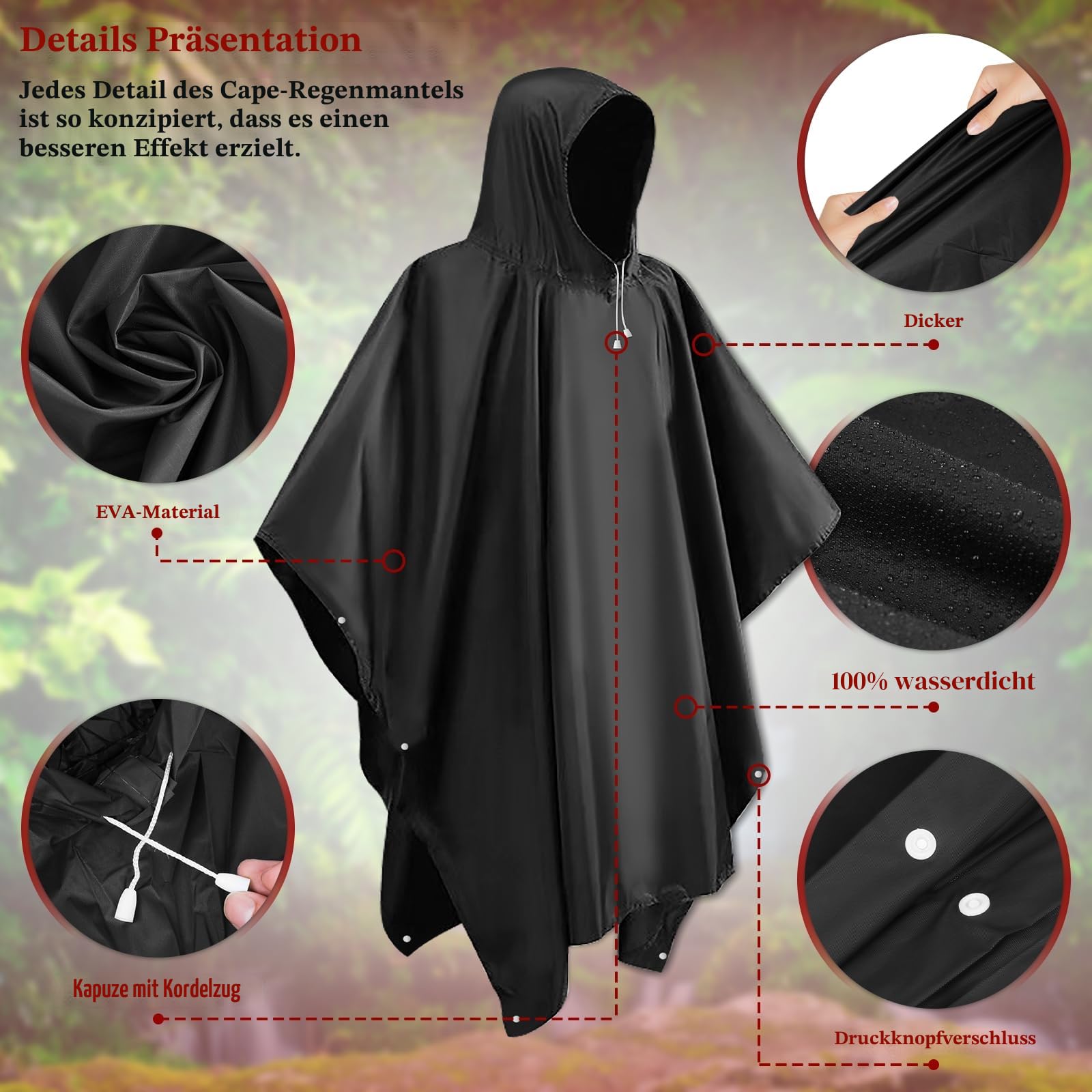 CHGANG Regenponcho Wasserdicht Regenjacke 2 Stück für Herren Damen, Eva Leicht Regencape Regenschutz Wiederverwendbarer mit Kapuze für Festivals, Camping, Wandern, Reisen, Einheitsgröße (Schwarz)