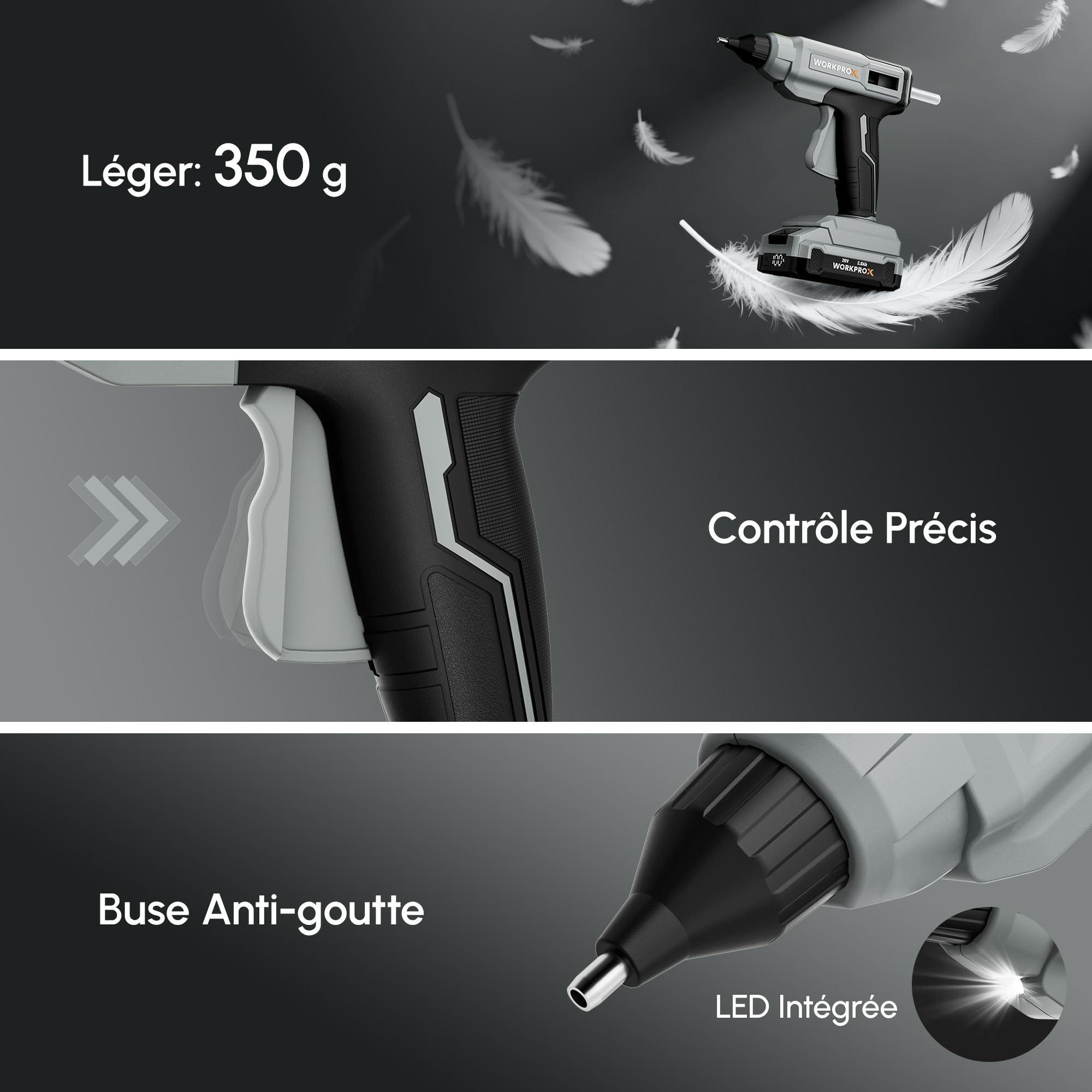 WORKPROX Pistolet à Colle Chaude Sans Fil 20V avec Batterie & Chargeur | Chauffage Rapide, Arrêt Automatique, 20 Bâtons de Colle 11×150 mm pour Bricolage, Artisanat et Réparations Rapides