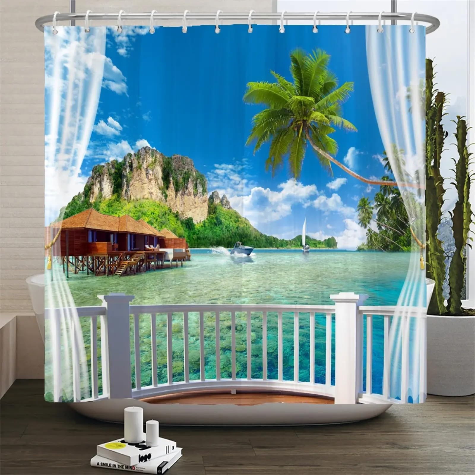 Rideau de douche bord de mer d'été avec vue plage étanche 153x153cm