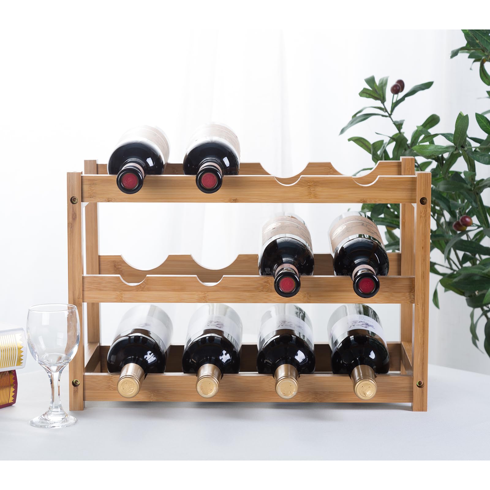 YunNasi Portabottiglie di Vino Bambù Naturale, 3 Livelli-12 Bottiglie | Portabottiglie da Tavolo Classic, Espositore Bottiglie Scaffale Cantinetta Vino per Cucina Bar e Cantina