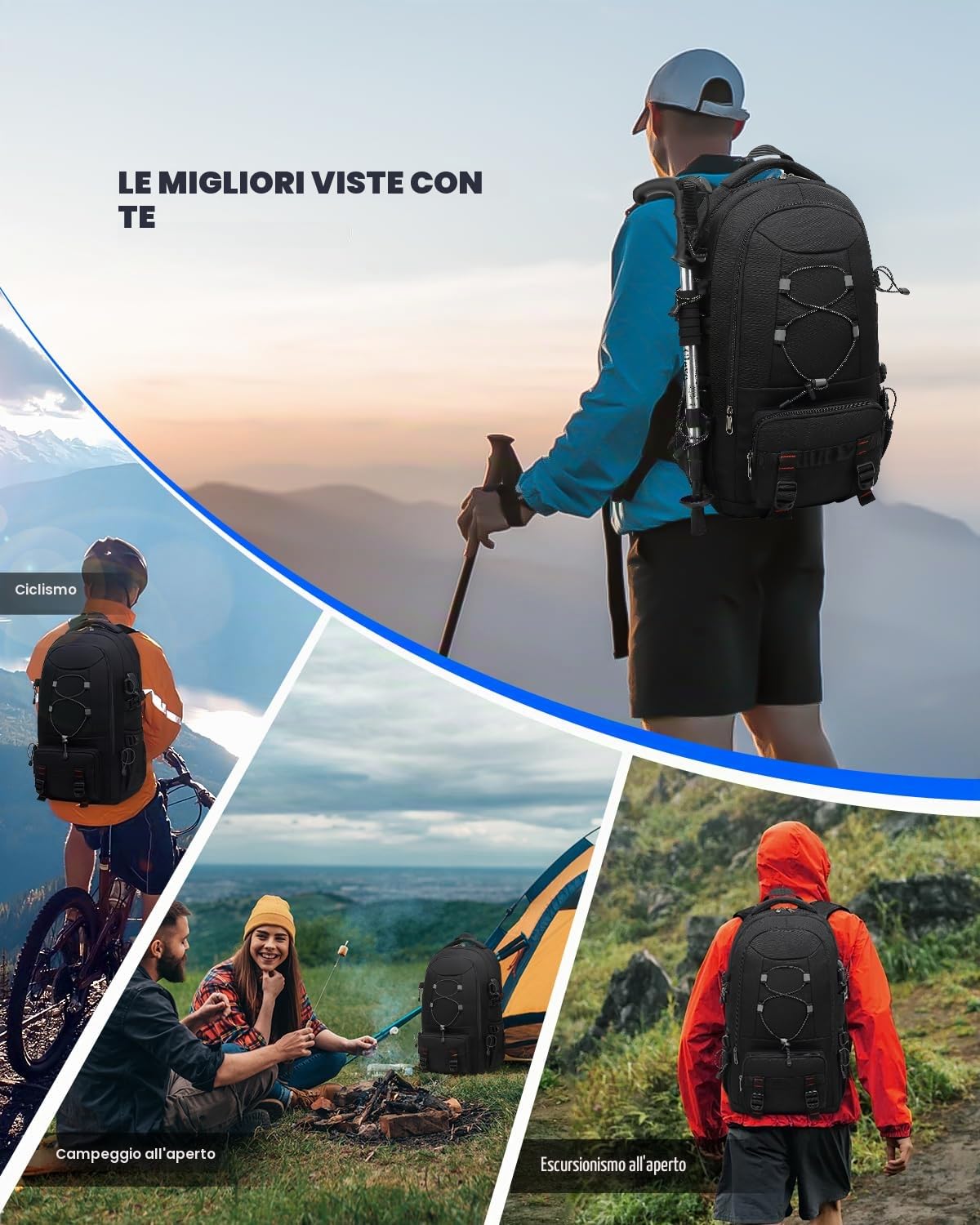 Besttravel Viaje - Zaino da escursionismo 45L per computer di grande capacità fino a 17,3 pollici Casual impermeabile e tasche multiple Campeggio, escursionismo, sport all'aria aperta Uomo, Negro, S
