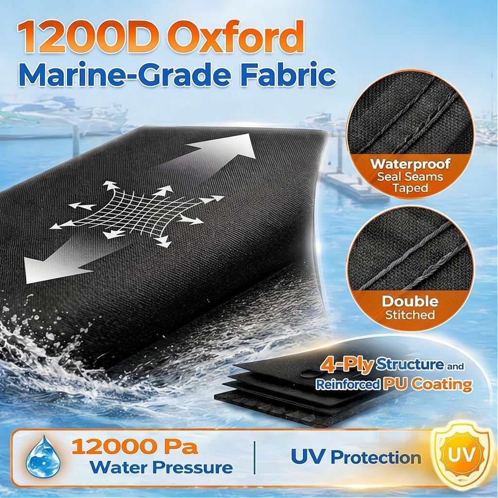 Pontoon Cover 17-20ft, 1200D Waterproof Boat Cover for Pontoon with 2 Adjustable Support Poles,Pontoon Boat Cover with Motor Cover, Adjustable 14 Tie Down Straps, Black