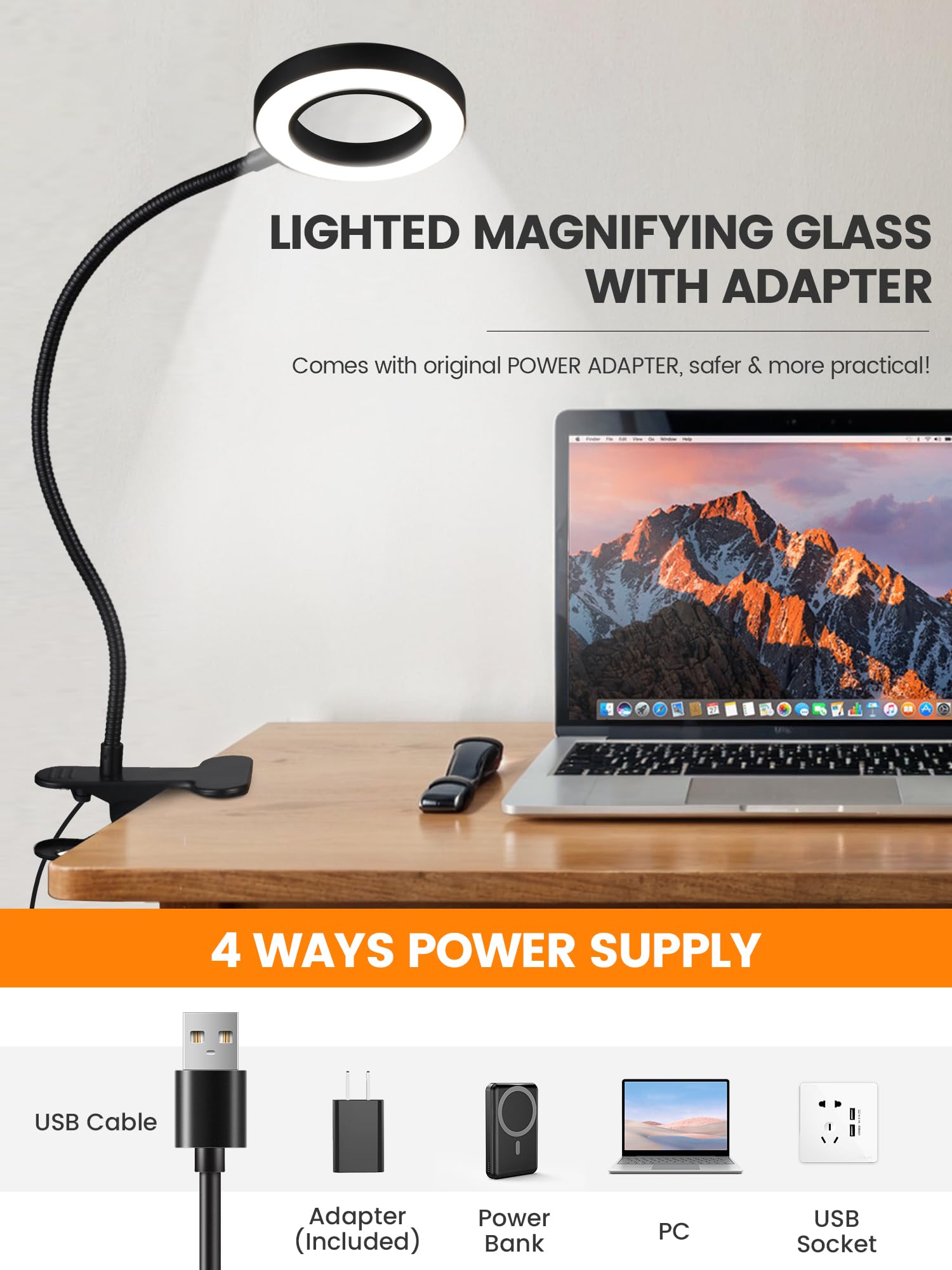 Lupa de 10 aumentos con luz, 3 colores + lámpara de lectura de 10 brillo, lupa de 58 LED con luz, lupa iluminada de 750 lúmenes para leer, lámpara de clip para escritorio, cama, trabajo, uñas