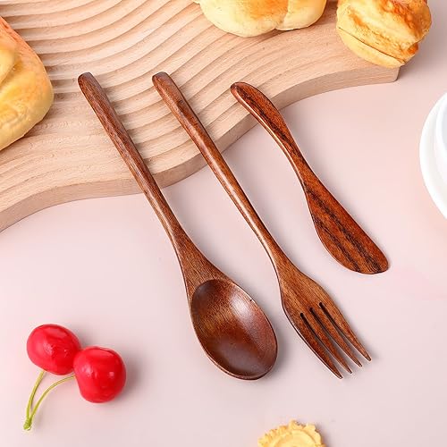 Miniatura 7 de Juego de cubiertos de madera para comer, juego de 3 piezas de utensilios de cocina, utensilios de cocina de madera, cucharas y tenedores, espátulas
