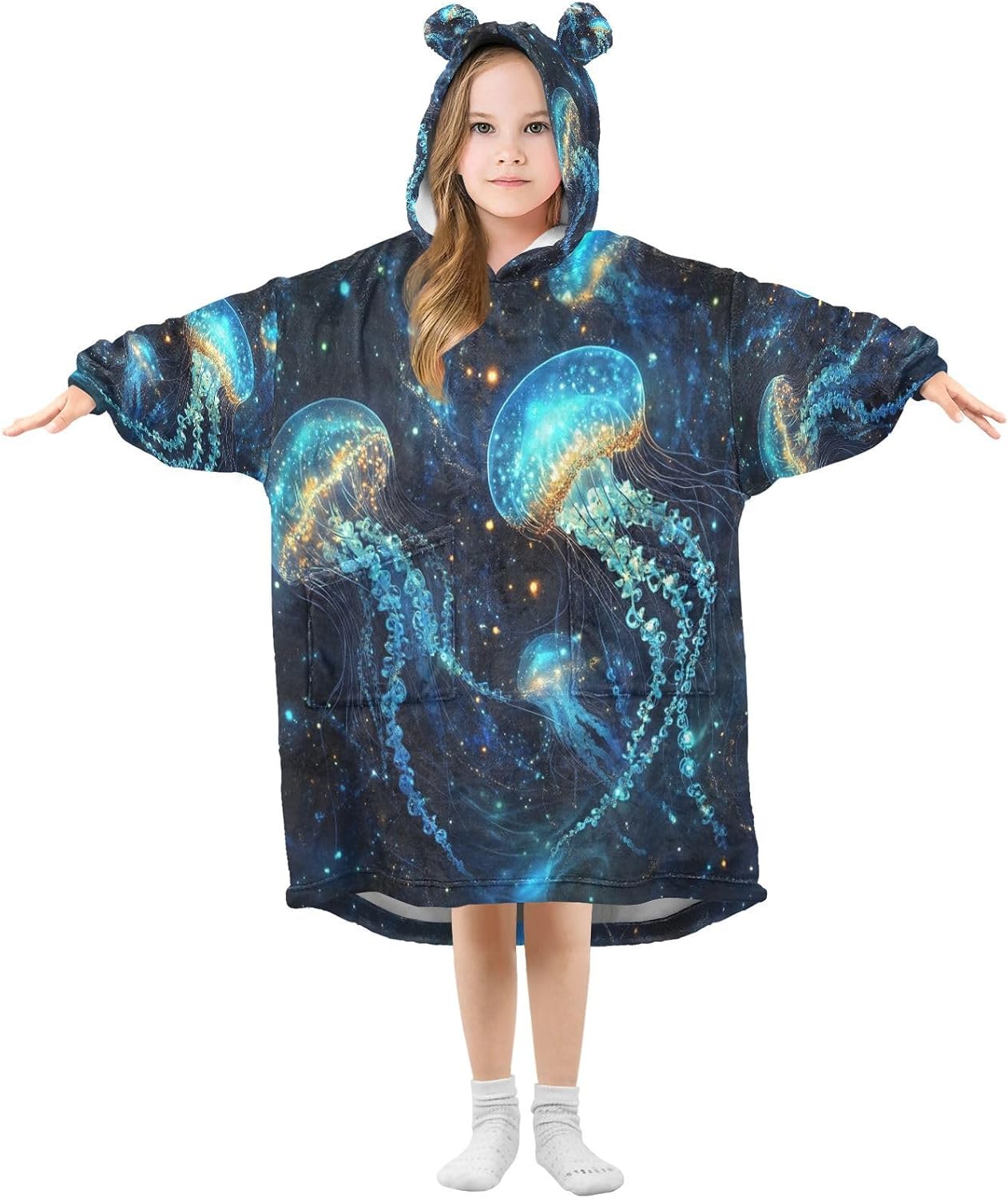 Kigai Jellyfish Wearable Blanket Hoodie for Kids Oversized Hooded Sweatshirt Flannel Blanket with Pocket
