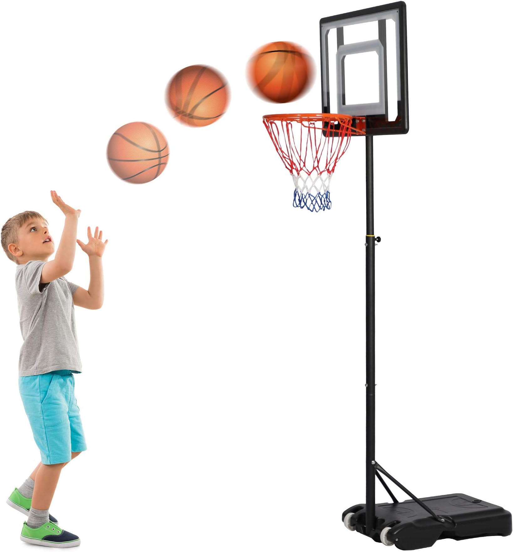 Basketball Hoop for Kids, Grow with Kids, Adjustable Height 5Ft – 6.8Ft/6.9Ft -8.5Ft, Basketball Portable Hoops & Goals, w/Wheels Indoor Outdoor Basketball Goal, Stable Construction