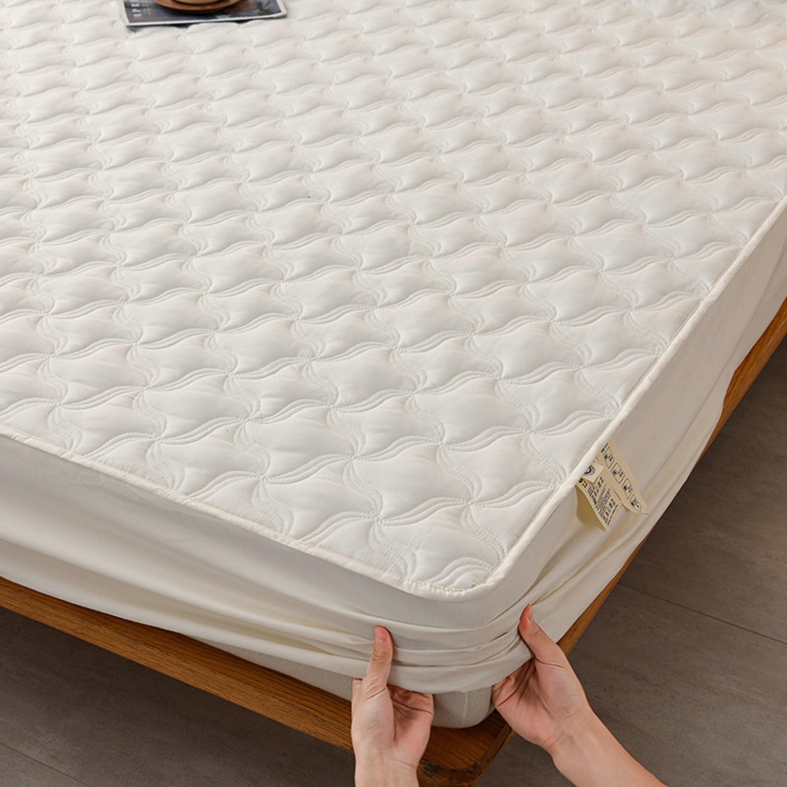 Lenzuolo con Angoli 180 200, Lenzuolo Con Angoli con 2 Federe in Cotone lavato Motivo geometrico Morbido e Lavabile in Lavatrice, Beige Bianco, 180 x 200cm + 30cm