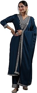 Libas Womens Yoke Design Silk Blend Straight Kurta With Trousers and Dupatta