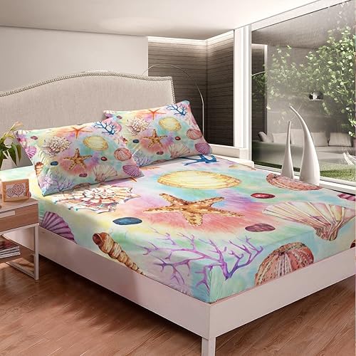 Miniatura 3 de Sábanas de playa de verano, sábana bajera ajustable con temática oceánica tamaño individual para niños, lindas sábanas de conchas y estrellas de