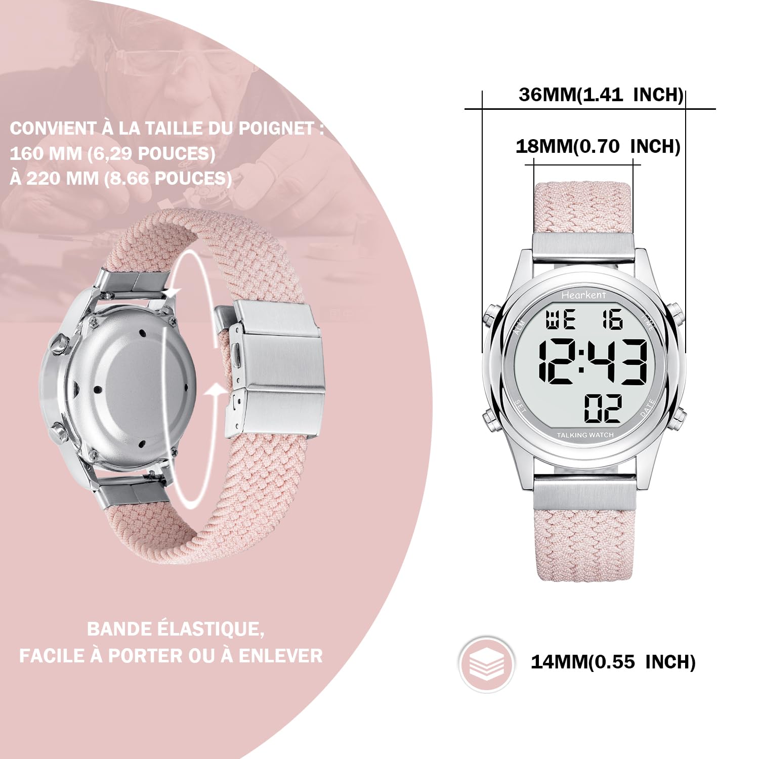 Hearkent Montre parlante numérique pour Femme avec Voix française agréable, écran LCD à Grands Chiffres, pour Personnes malvoyantes, âgées ou aveugles