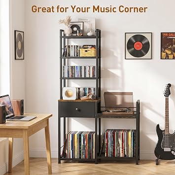 ikkle CD Rack with Vinyl Storage, 7-Tier DVD Storage Unit with Drawer