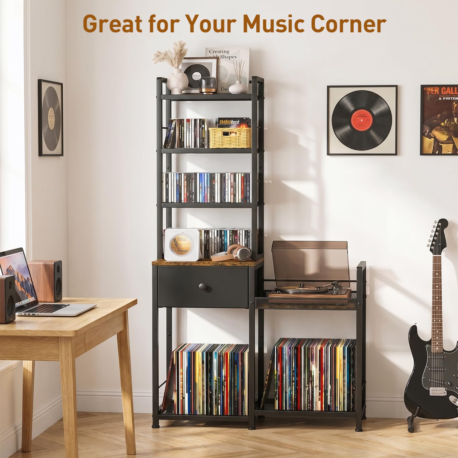ikkle Scaffale per CD con dischi in vinile, scaffale per DVD a 7 livelli, con cassetto e supporto per giradischi, per 150 DVD o 300 CD, 75 dischi, libri, CD, per soggiorno, camera da letto e ufficio