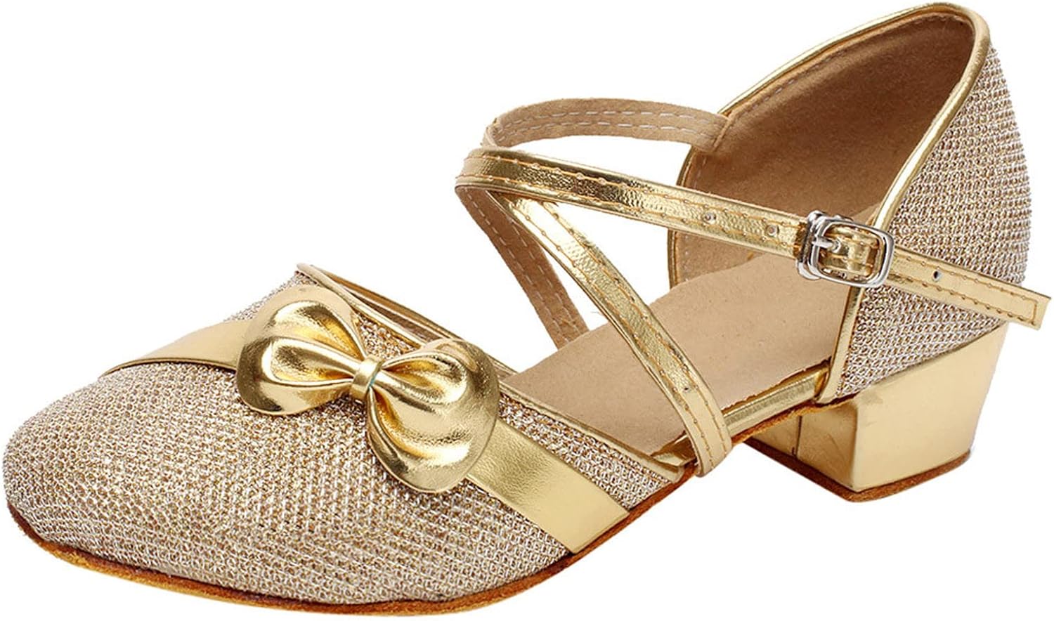 hamovessi Women's Classical Shoes Slip On Chunky Low Heels Soft Leather Bow-Knot Dancing Ballroom Tango Latin Shoes Formal Comfort Walking Shoes (Gold, 12)