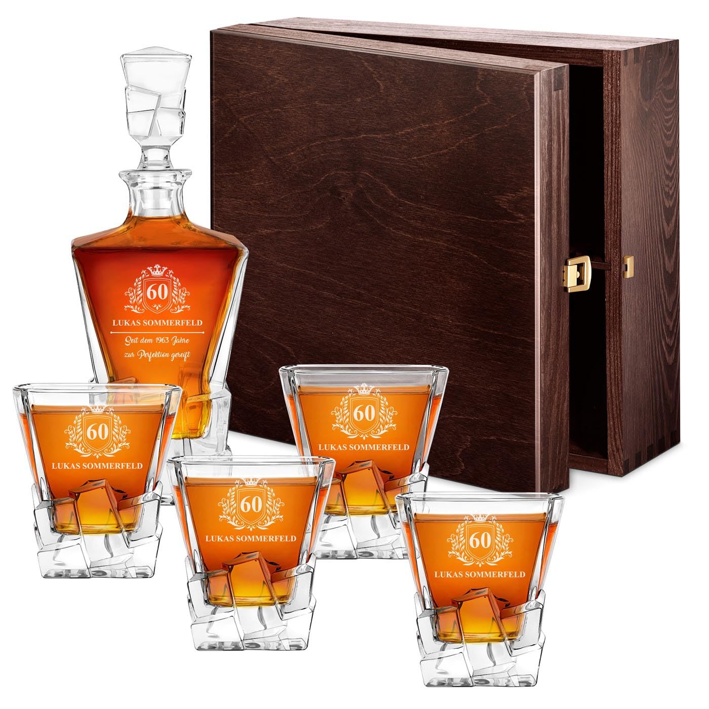 Maverton 950 ml Whiskey Karaffe + 4 / 6er Whiskygläser Set mit Gravur