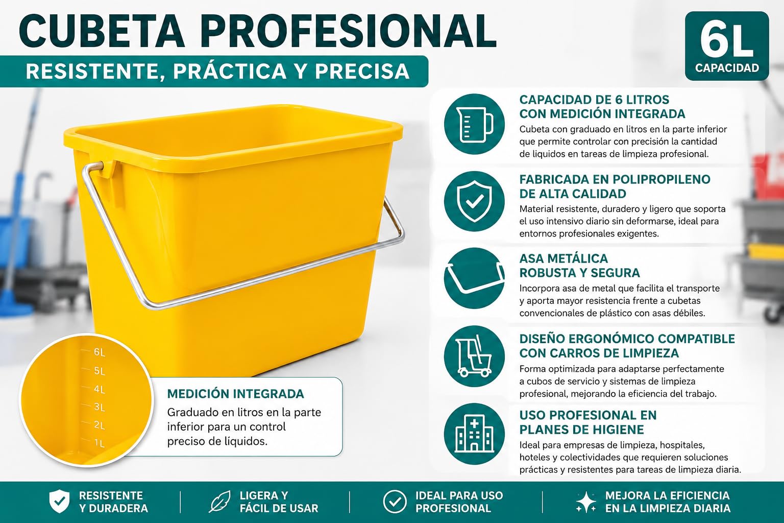 Cubeta de Limpieza 6 litros con asa metálica | Cubo Profesional de Polipropileno con Graduado | Recipiente ergonómico para Carro de Limpieza y Planes de higiene | Resistente y Ligero (Amarillo)