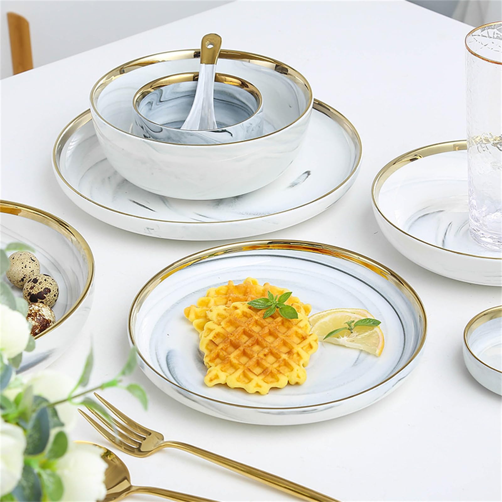 Essteller, Steak Essteller Goldrand Keramik Geschirr Set Goldrand Geschirr Set Europäischen Stil Gerichte 9er Sets Goldrand Marmormuster Festgeschirr Küche, Haushalt & Wohnen