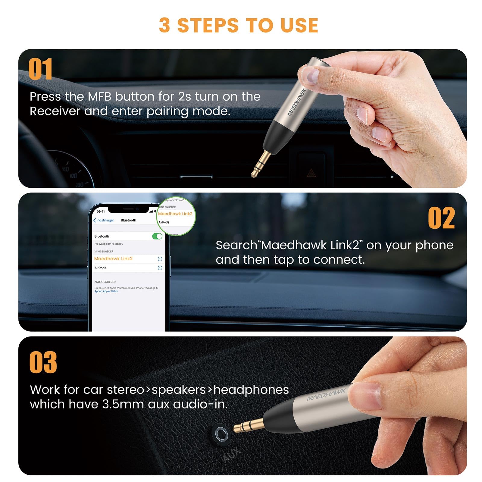 Maedhawk Receptor Bluetooth - Adaptador Aux Inalámbrico Portátil para el Altavoz de Auriculares de Transmisión de Música Estéreo en Casa del Automóvil