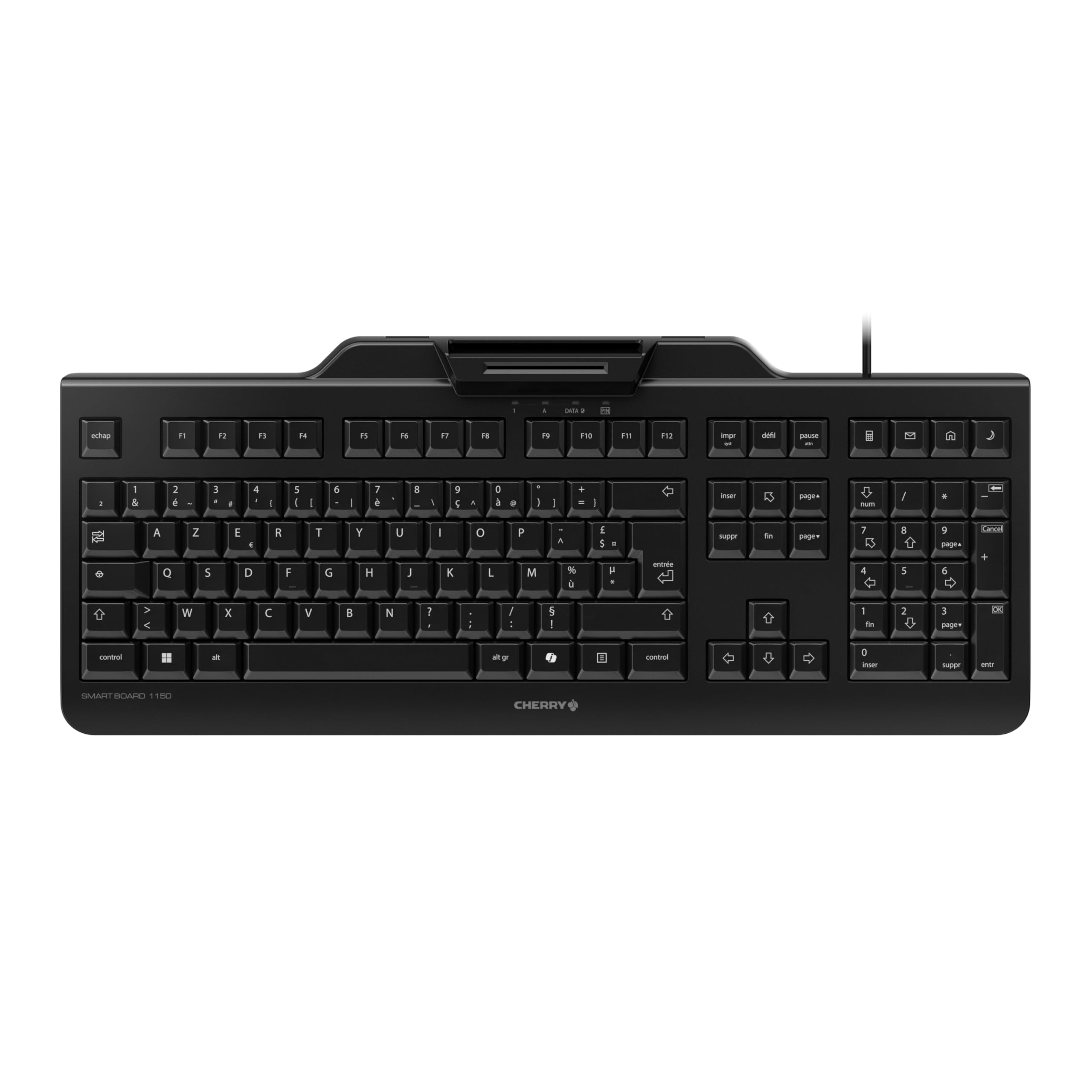 CHERRY Smart Board 1150, Clavier de Sécurité Filaire avec Lecteur de Carte Intégré, Disposition Belge (AZERTY), Plug & Play (USB-A), Design Plat, Noir