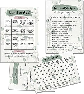 JGA Spiele Frauen 4er Set - 15 Stück Braut oder Bräutigam, Stadt Land JGA, Wahrheit oder Pflicht, Hochzeitsorakel - Junggesellenabschied Partyspiele