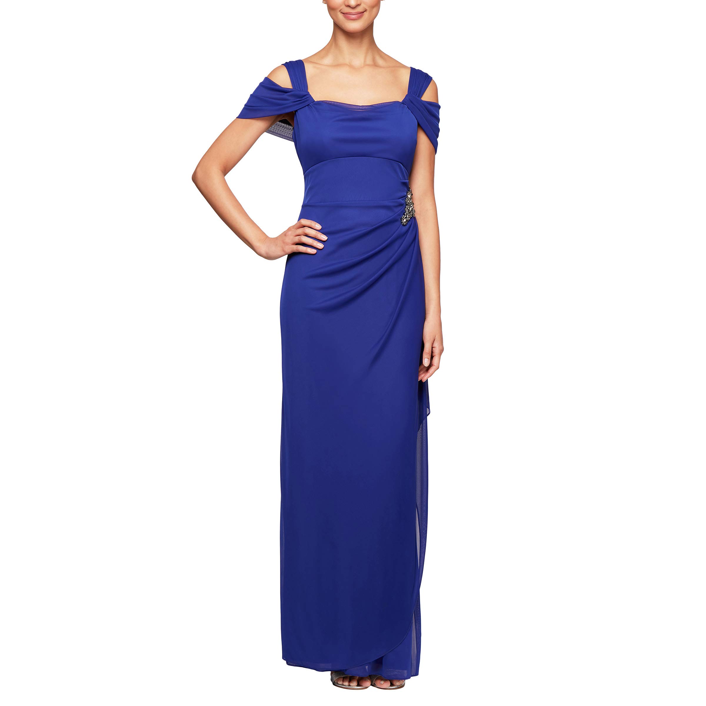 Alex Evenings Women's Long Cold Shoulder Mother of the Bride Dress with Beaded Detail at Hip