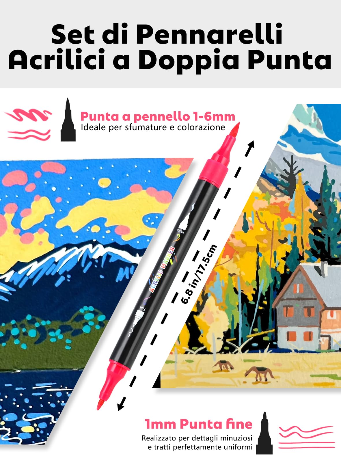 60 Colori Pennarelli Acrilici Doppia Punta Acrylic Marker | Adatto a più superfici | Resistente allo sbiadimento | Alta Copertura | Impermeabile | Marker per Ceramica, Metallo, Pietra