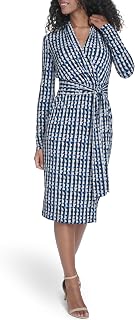 Womens Long Sleeve V-Neck Matte Jersey Faux Wrap Midi DressDress