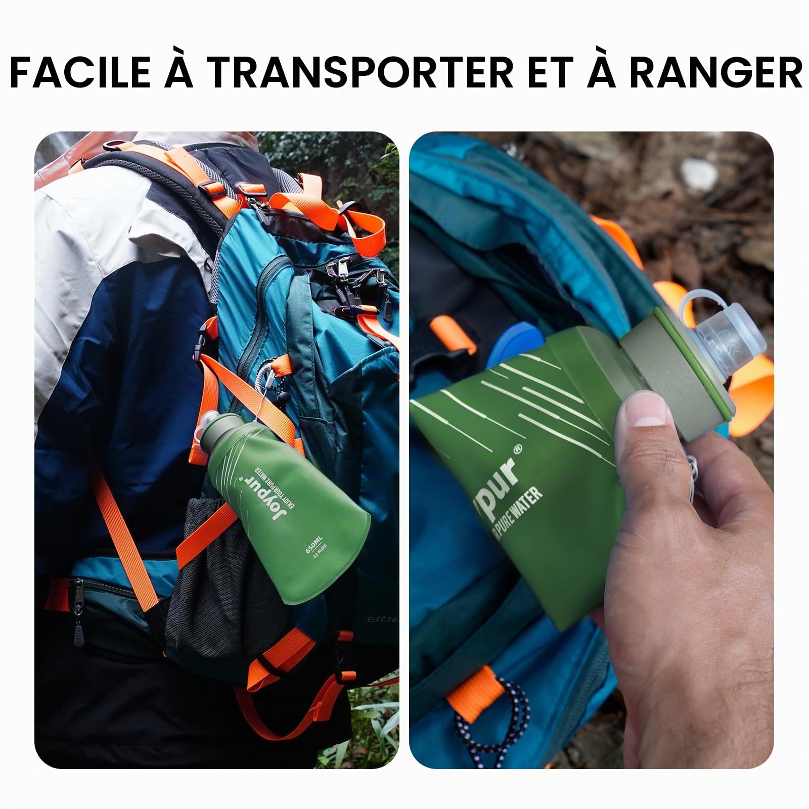 Bouteille Eau Pliable avec Filtre 650ml/1L, Filtre à Eau Portable 3 Couches, Élimine 99.9999% des Impuretés, Ultra-léger 100g, TPU Qualité Alimentaire