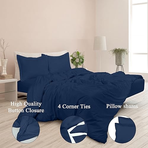 Miniatura 4 de ROYALE Funda de edredón azul marino tamaño King, juego de funda de edredón lavada, 3 piezas, fundas de edredón de doble cepillado con cierre de