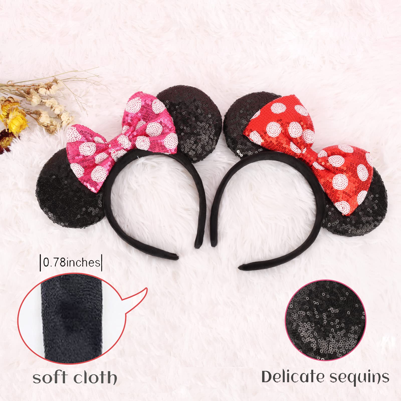 Sequin Mouse Ear Headbands 2 pcs Adults Kids Polka Dot Cute Party Accessory Adults Minnie Polka Dot Ears Pink Sequin Bow Headband main image 2