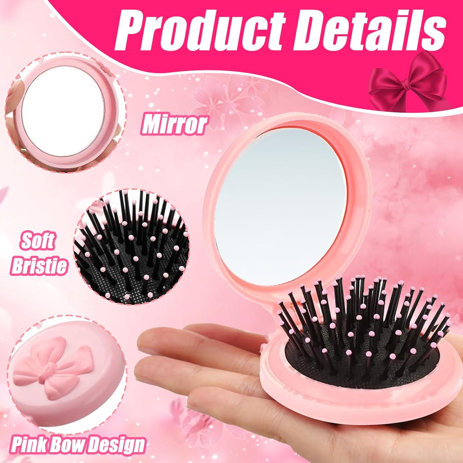 12 Sets Coquette Pink Bow Party Favors, Mini Hair Brushes Folding Mirror, Hair Scrunchies Satin Hairbands, Bow Keychain, Organza Bags Aesthetic Preppy Gift for Birthday Wedding Baby Shower Supplies