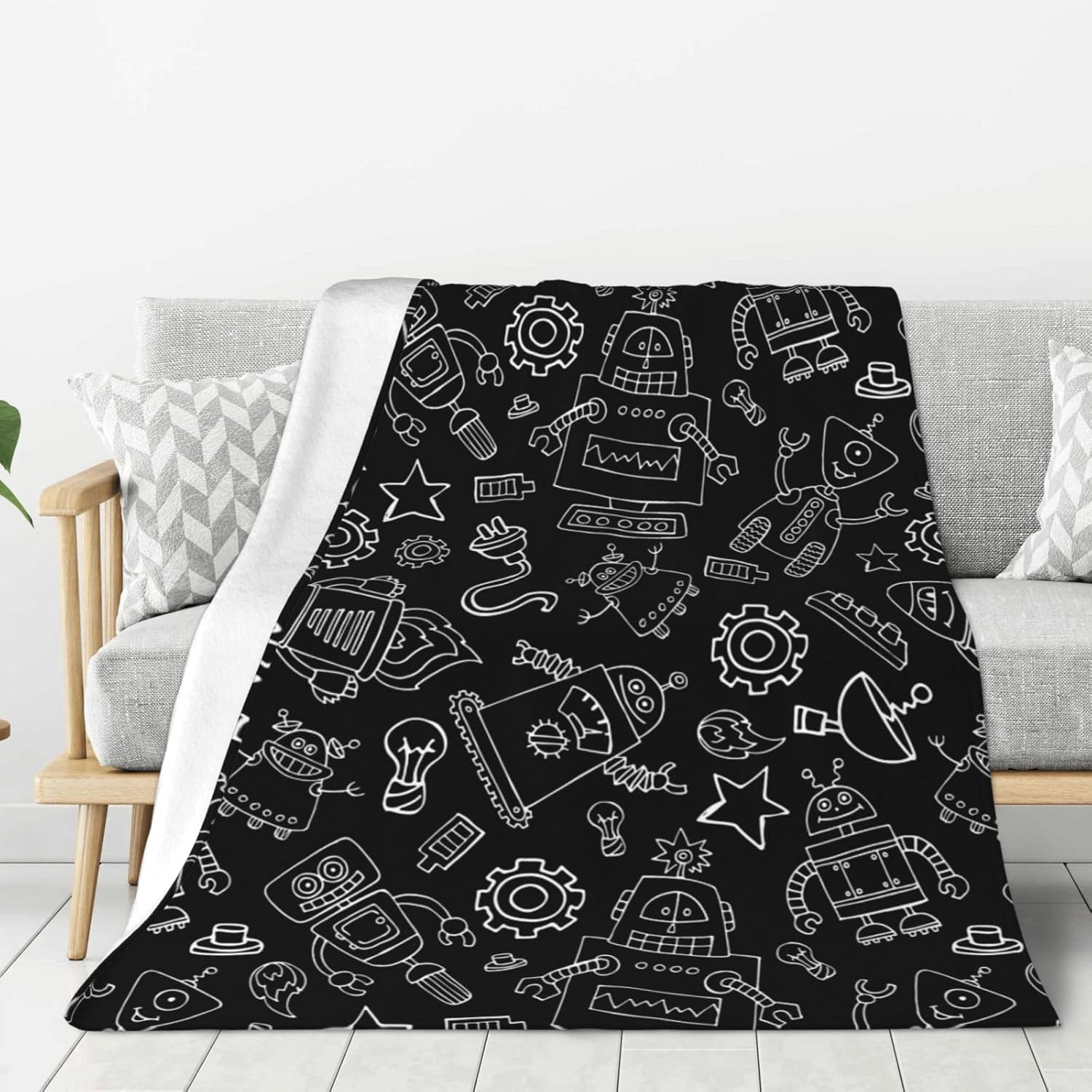 Cute Robots Throw Blanket for Bed Sofa Couch Black Background Fleece Blankets Lightweight Soft Cozy 50″x40″