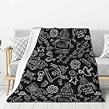Oplp Cute Robots Throw Blanket for Bed Sofa Couch Black Background Fleece Blankets Lightweight Soft Cozy 50