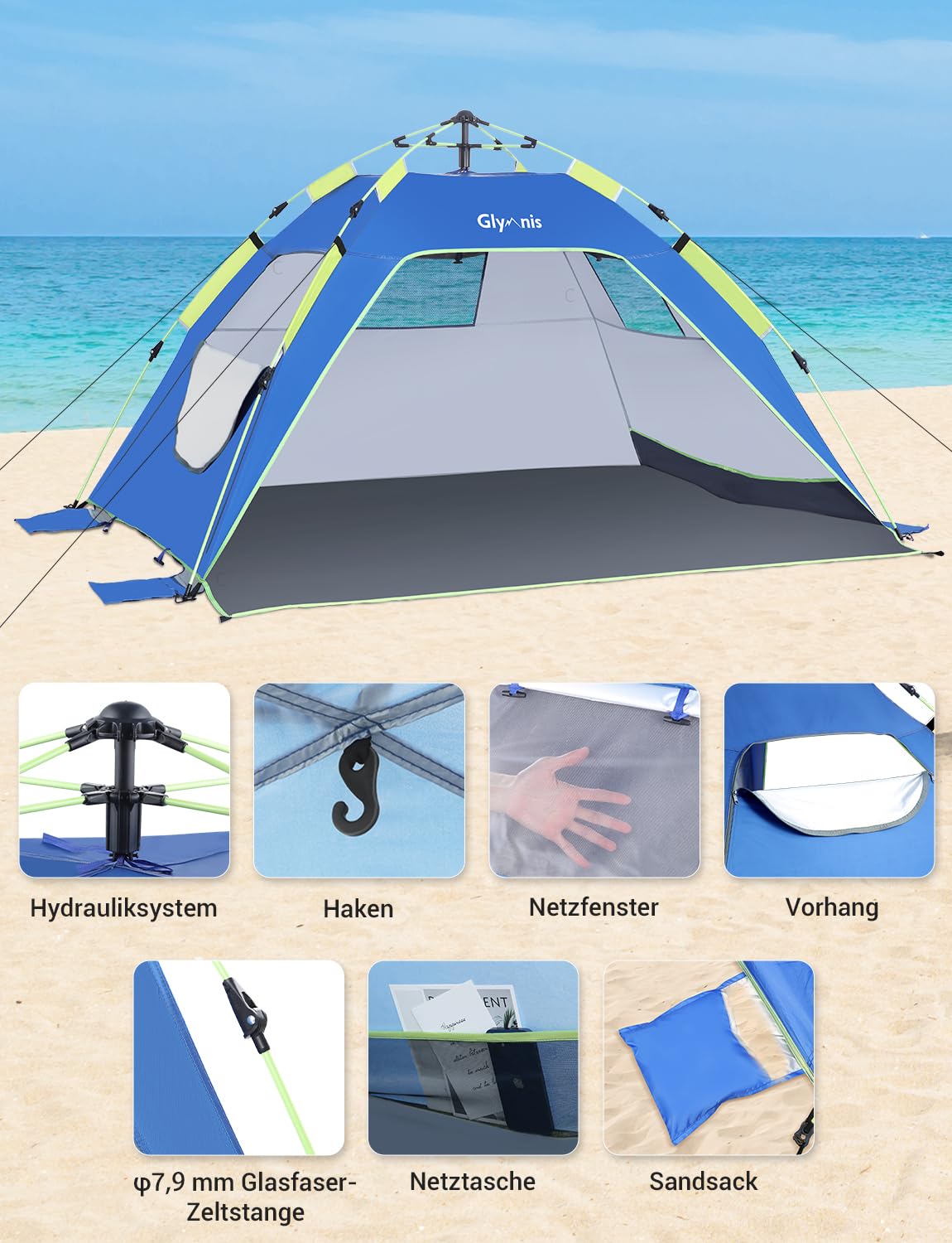 Glymnis Strandmuschel Quick Up Strandzelt Automatisches Strand Zelt mit Reißverschlusstür UV-Schutz 50+ Windschutz kleines Packmaß Strandzelt für 3 bis 4 Personen