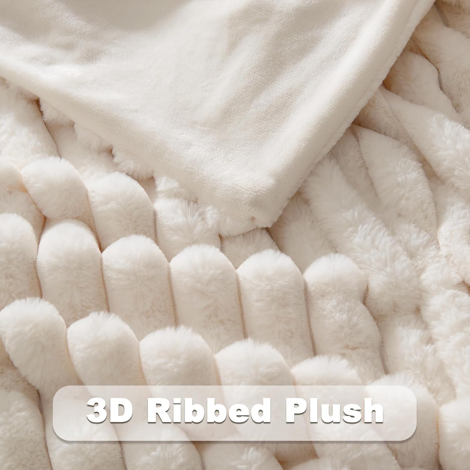 NEWCOSPLAY Faux Fur Twin Blanket Ivory 3D Ribbed Plush Thick Warm Blanket for Couch Sofa Bed 850GSM (Ivory Ribbed, Twin(60x80))