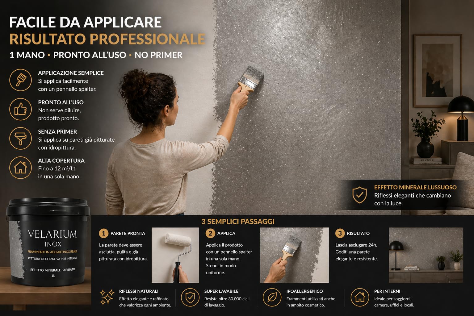 Hyris Pittura Decorativa con Micro Frammenti di Acciaio Inox - 10 | Finitura sabbiata perlata con frammenti inox, lavabile e antimuffa, per pareti e soffitti interni, resa 10/12 m² - 1 Litro