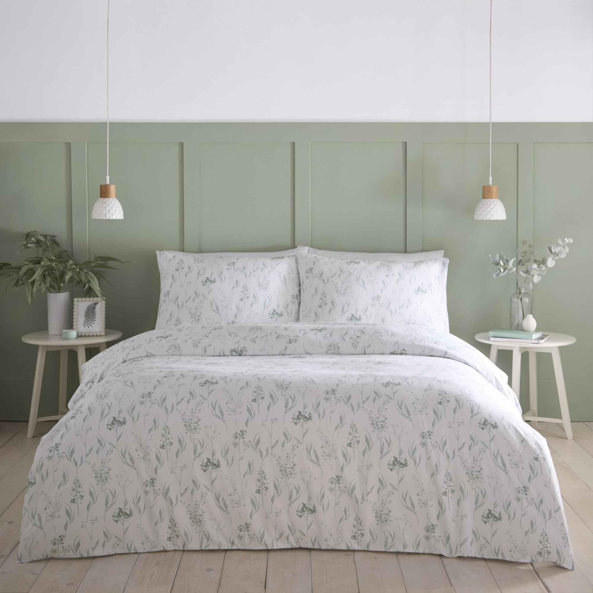 Portfolio Home Wildflower Floral Sage Green Double Soft Easy Care Bed Linen Bedding Duvet Cover Quilt Set With Pillow Cases