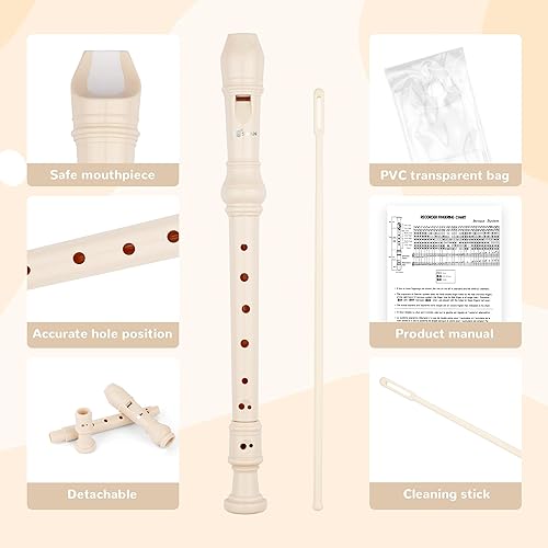 Vista 37 de SWAN Grabadora soprano para principiantes, niños y estudiantes, estilo barroco, flauta de 8 agujeros, desmontable, 3 unidades, ABS, con varilla
