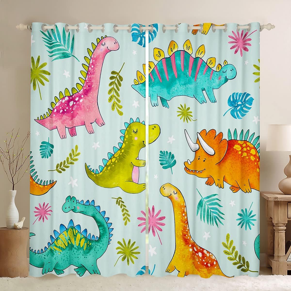 Toddler Dinosaur Curtains Rainbow Tie Dye Blackout Curtains Colorful Dino Print Curtains & Drapes 76Wx45L Pink Dandelion Bedroom Curtains for Girls Green Baby Tyrannosaurus Window Treatments, Teal