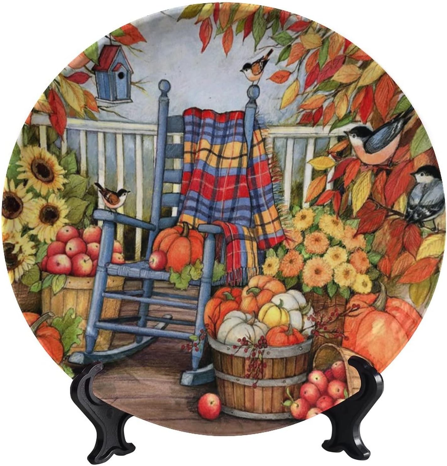 Autumn Harvest Theme Round Decorative Plate, 6", Pumpkin and Rocking Chair Ceramic Decorative Plate, with Decorative Plate Stand, for Dining Table Tabletop Party Kitchen Home Decor Gift