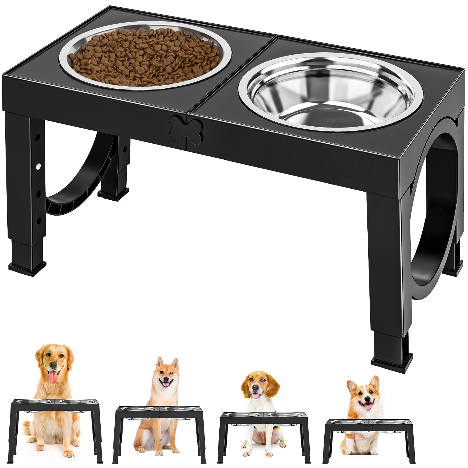 Elevated Dog Bowls for Medium Large Breed Dogs, 4 Height Adjustable Dog Raised Bowls Stand to 9.09", 10.63", 12.20", 13.78", 2 Thick Stainless Steel Dog Food Water Bowls, No Slip Dog Feeder