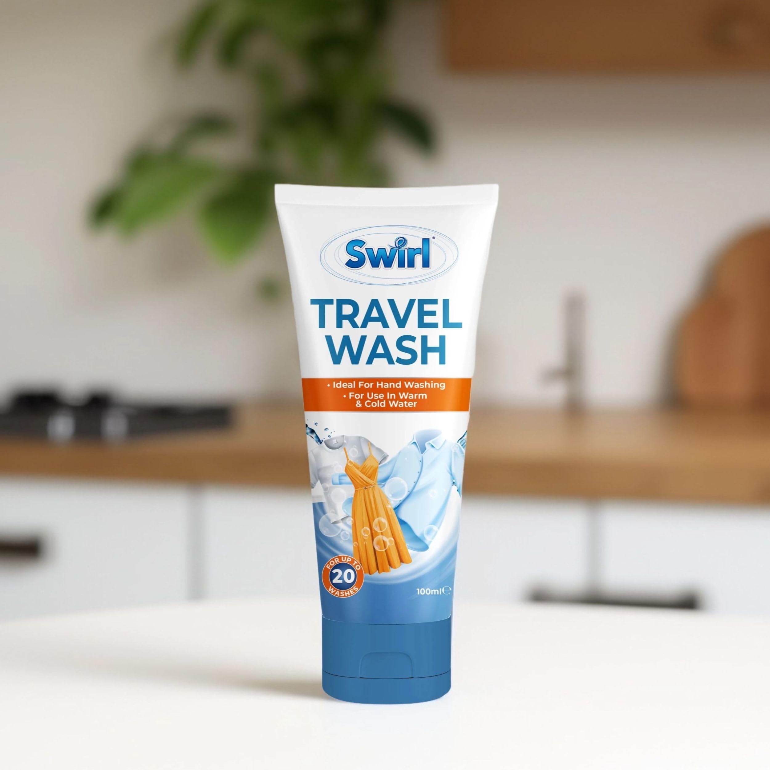Swirl travel wash liquid - hand washing detergent gel - travel size 100ml tube - up to 20 washes - compact and lightweight travel wash essential.