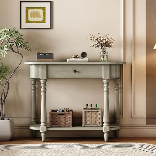 Miniatura 90 de Polibi Mesa consola curvada retro con estante de estilo abierto y 4 cajones superiores, mesa de entrada de media luna de 52 pulgadas de ancho con