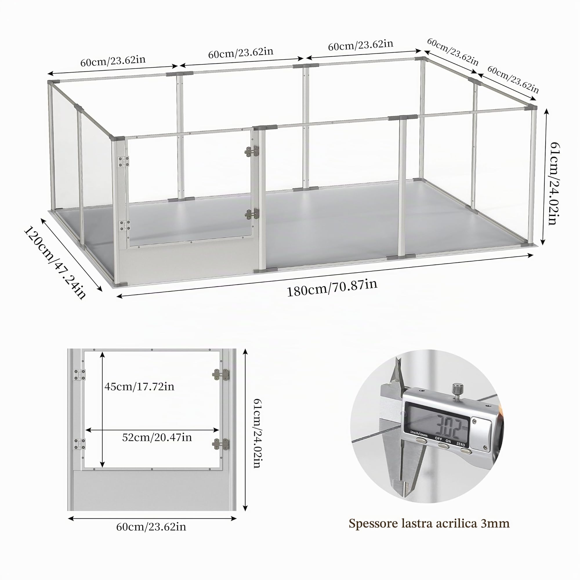 XL Recinto Box Parto per Cani Acrilico Alto 60cm Telaio Alluminio 180x120cm