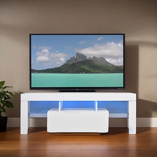 Miniatura 3 de Anwick Soporte de TV LED con gran almacenamiento para televisores de hasta 55 pulgadas, moderno centro de entretenimiento con estante de cristal,